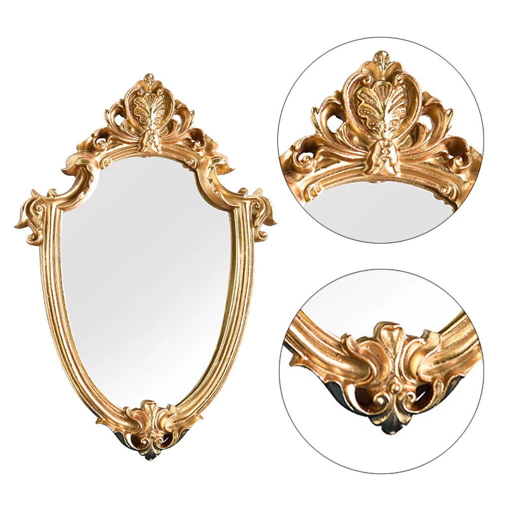 European Vintage Victorian Baroque Gold Resin Wall-Mounted Makeup Mirror – Small Framed Travel & Bathroom Decor Valentine Vintage