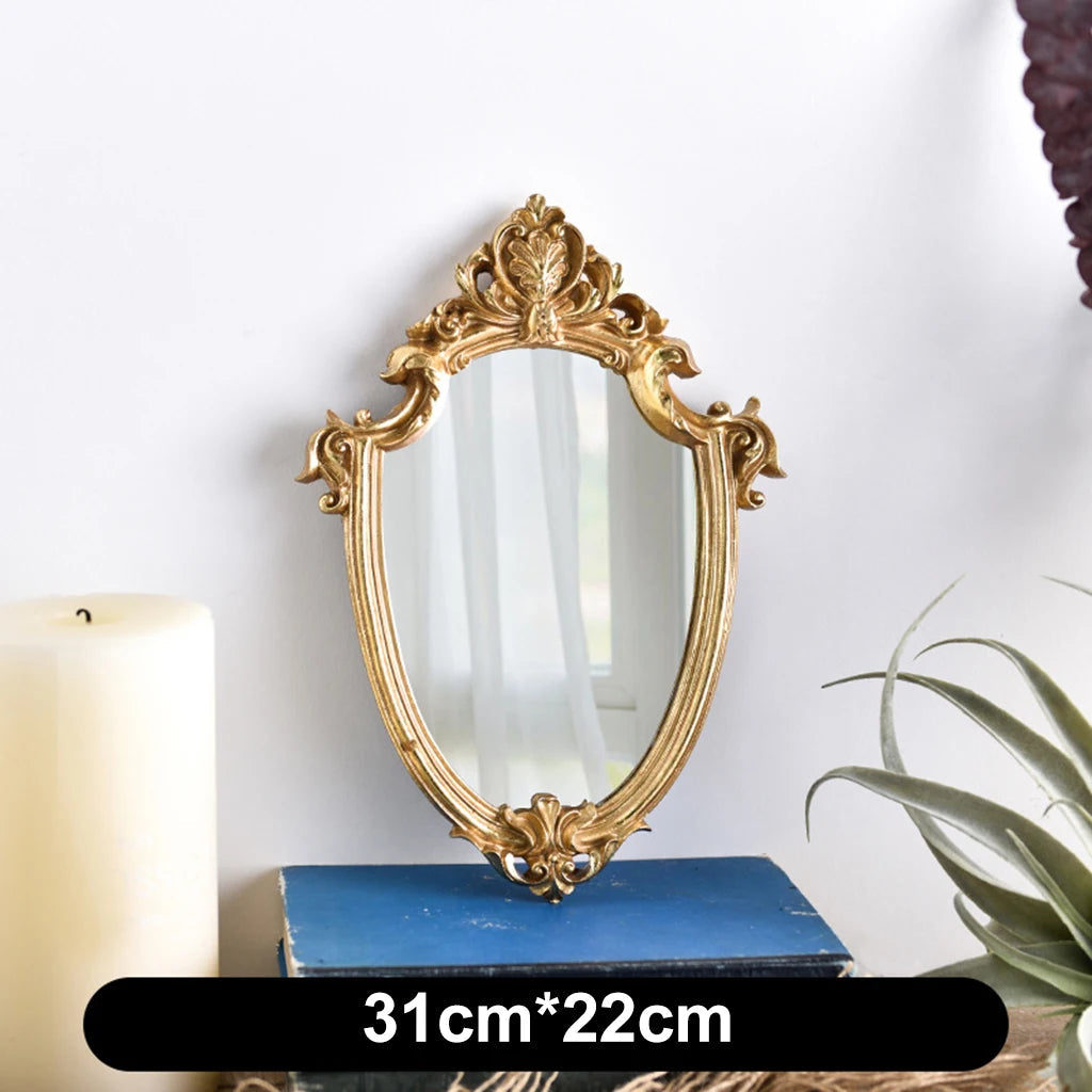 European Vintage Victorian Baroque Gold Resin Wall-Mounted Makeup Mirror – Small Framed Travel & Bathroom Decor Valentine Vintage