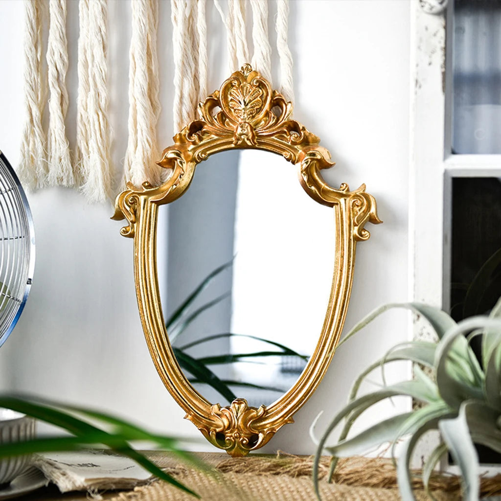 European Vintage Victorian Baroque Gold Resin Wall-Mounted Makeup Mirror – Small Framed Travel & Bathroom Decor Valentine Vintage