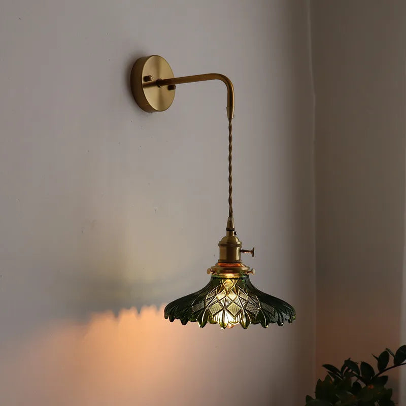 Vintage Green Glass & Copper Wall Lamp with Pull Chain – LED Sconce for Bedroom, Hallway, or Balcony Valentine Vintage