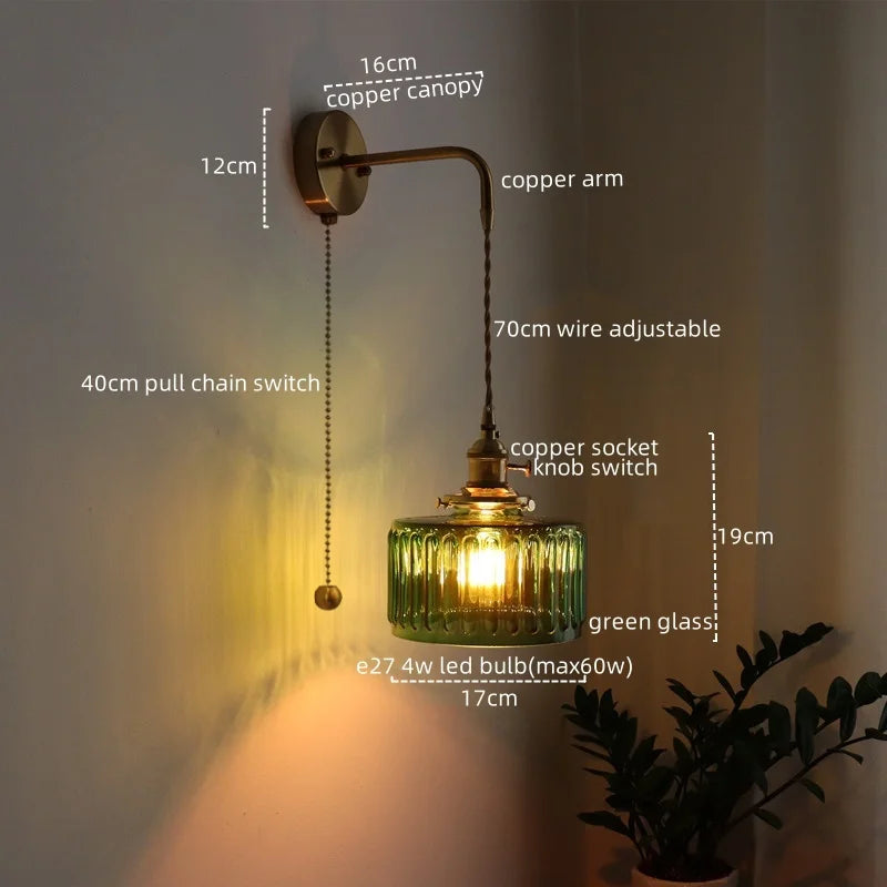 Vintage Green Glass & Copper Wall Lamp with Pull Chain – LED Sconce for Bedroom, Hallway, or Balcony Valentine Vintage