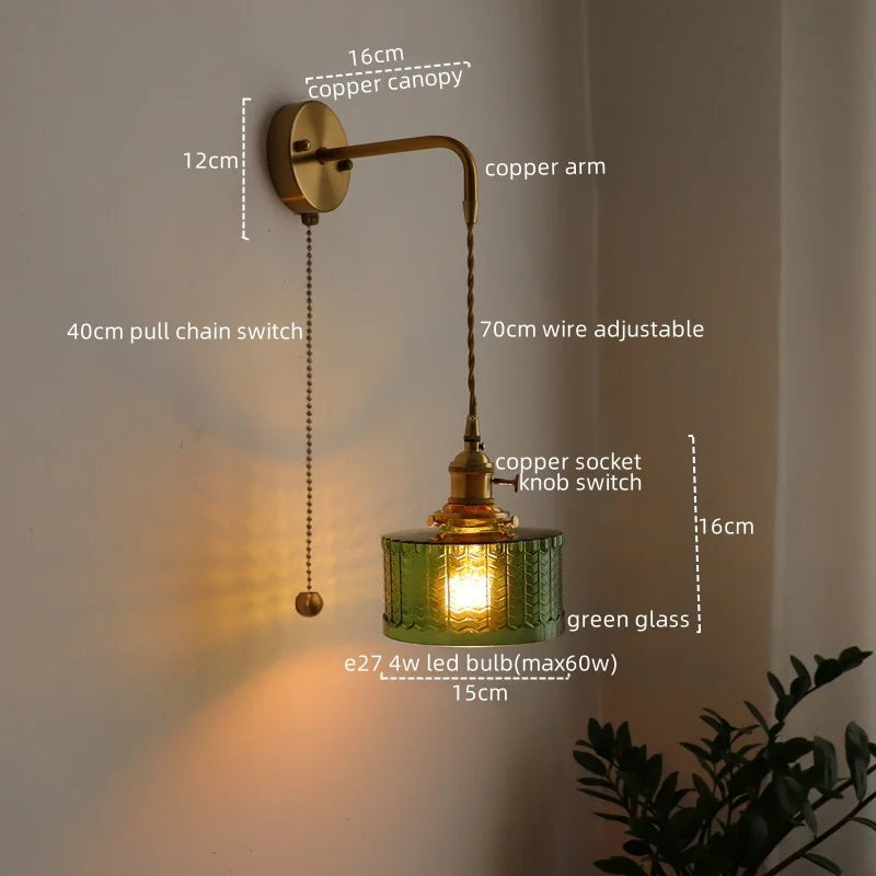 Vintage Green Glass & Copper Wall Lamp with Pull Chain – LED Sconce for Bedroom, Hallway, or Balcony Valentine Vintage