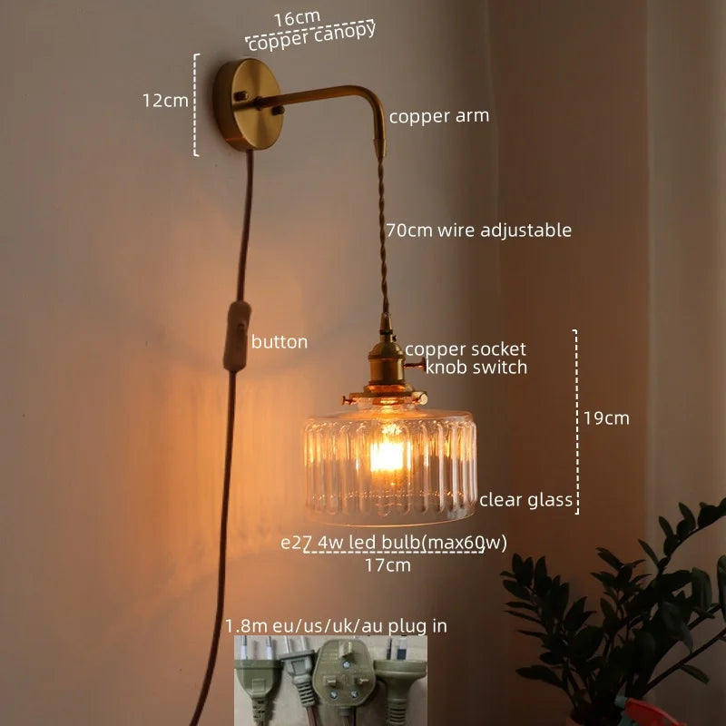 Vintage Green Glass & Copper Wall Lamp with Pull Chain – LED Sconce for Bedroom, Hallway, or Balcony Valentine Vintage