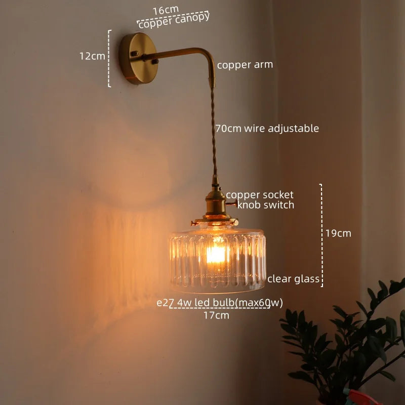 Vintage Green Glass & Copper Wall Lamp with Pull Chain – LED Sconce for Bedroom, Hallway, or Balcony Valentine Vintage
