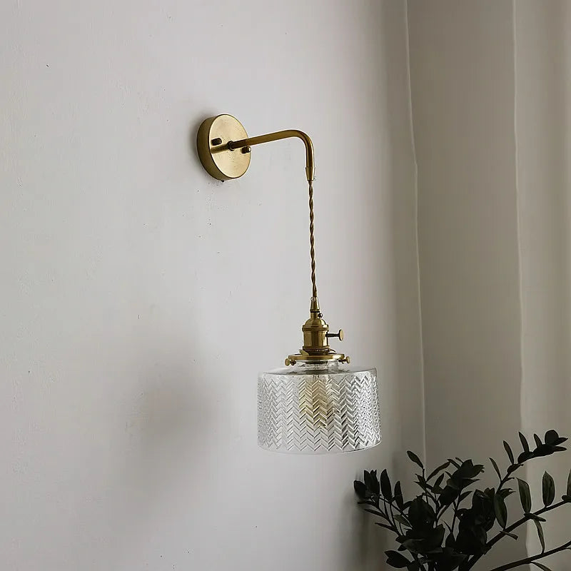 Vintage Green Glass & Copper Wall Lamp with Pull Chain – LED Sconce for Bedroom, Hallway, or Balcony Valentine Vintage