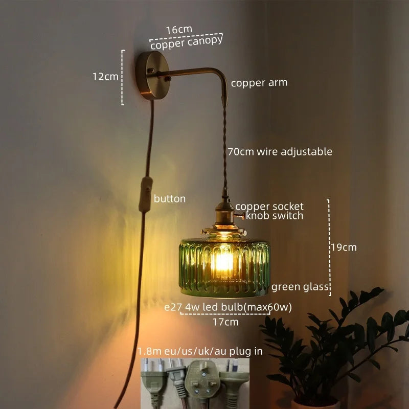 Vintage Green Glass & Copper Wall Lamp with Pull Chain – LED Sconce for Bedroom, Hallway, or Balcony Valentine Vintage