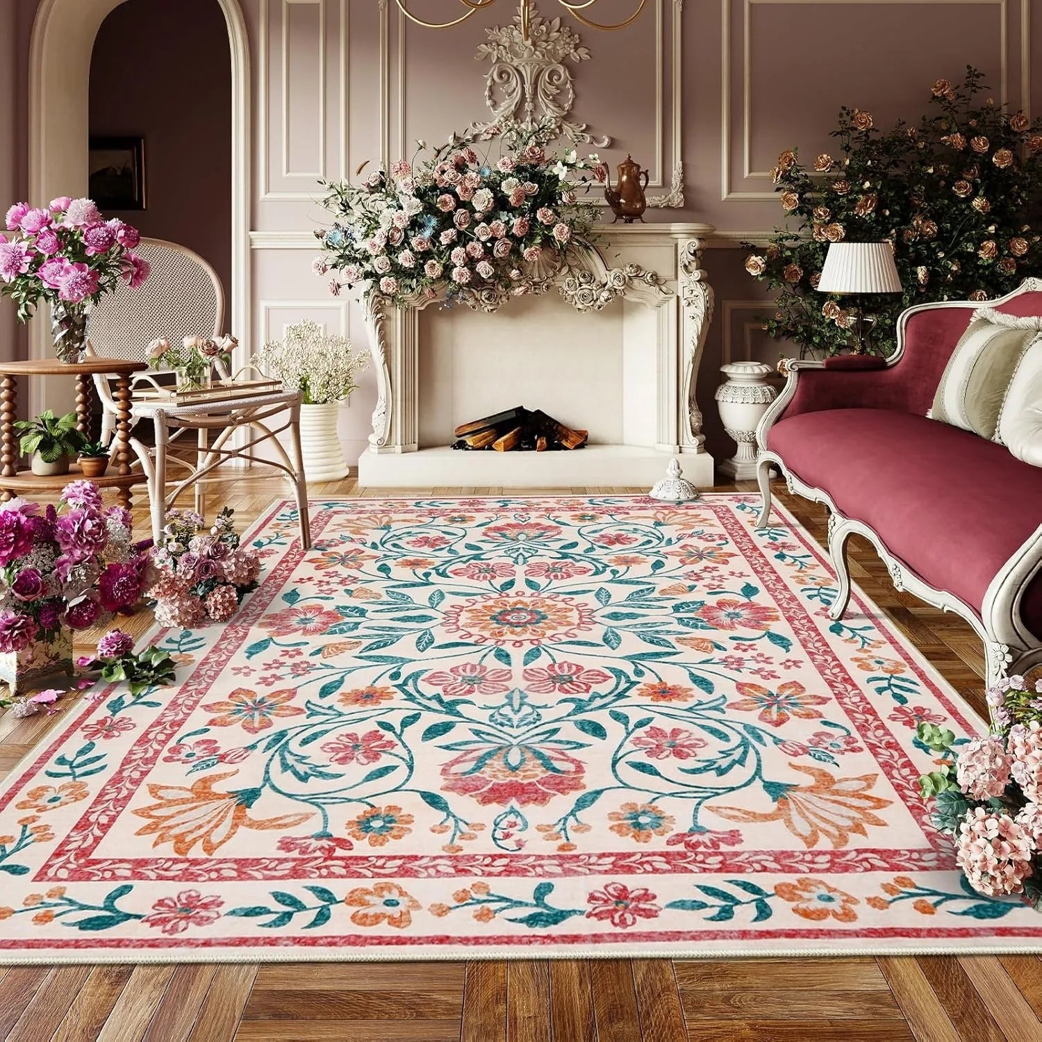 Living Room Carpet Girls Bedroom Bedside Floor Mat Machine Washable Easy Folding Rug Large Area Floral Style Decorative Carpets Valentine Vintage