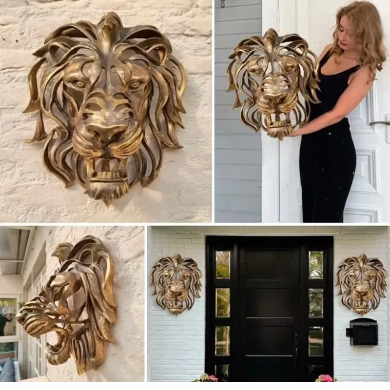 Wall Hanging Lion Head Art Sculpture Cool Gold Lion King Resin Sculpture Entryway Bedroom Home Wall Hangings Luxury Wall Decor Valentine Vintage