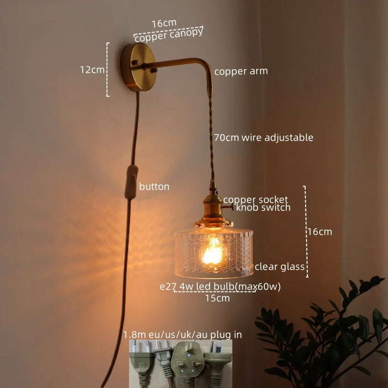 Vintage Green Glass & Copper Wall Lamp with Pull Chain – LED Sconce for Bedroom, Hallway, or Balcony Valentine Vintage