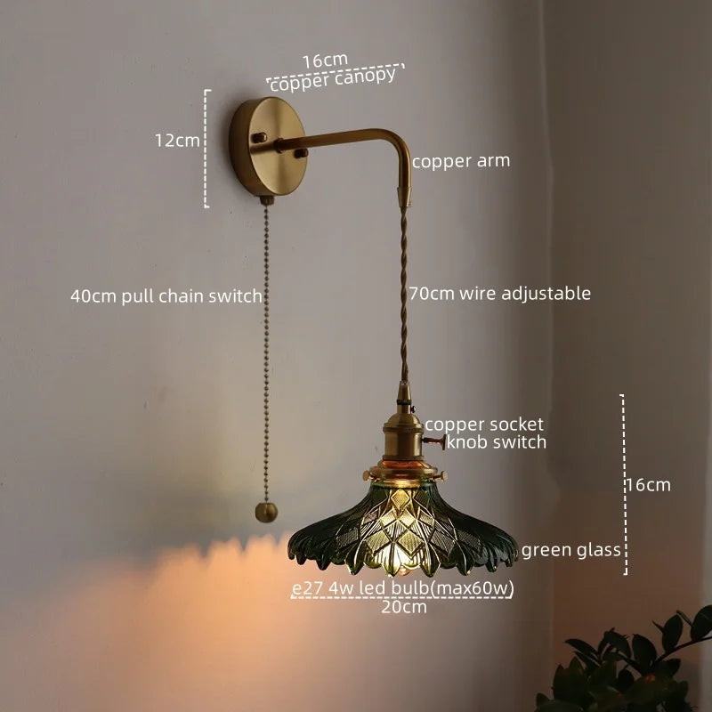 Vintage Green Glass & Copper Wall Lamp with Pull Chain – LED Sconce for Bedroom, Hallway, or Balcony Valentine Vintage