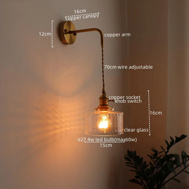 Vintage Green Glass & Copper Wall Lamp with Pull Chain – LED Sconce for Bedroom, Hallway, or Balcony Valentine Vintage