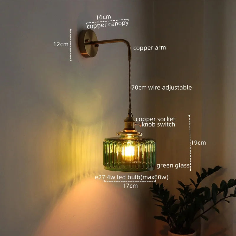 Vintage Green Glass & Copper Wall Lamp with Pull Chain – LED Sconce for Bedroom, Hallway, or Balcony Valentine Vintage