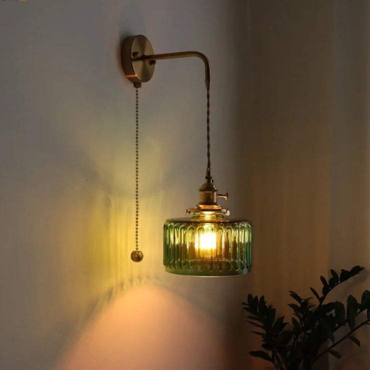 Vintage Green Glass & Copper Wall Lamp with Pull Chain – LED Sconce for Bedroom, Hallway, or Balcony Valentine Vintage