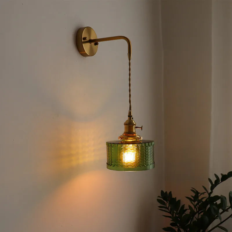 Vintage Green Glass & Copper Wall Lamp with Pull Chain – LED Sconce for Bedroom, Hallway, or Balcony Valentine Vintage