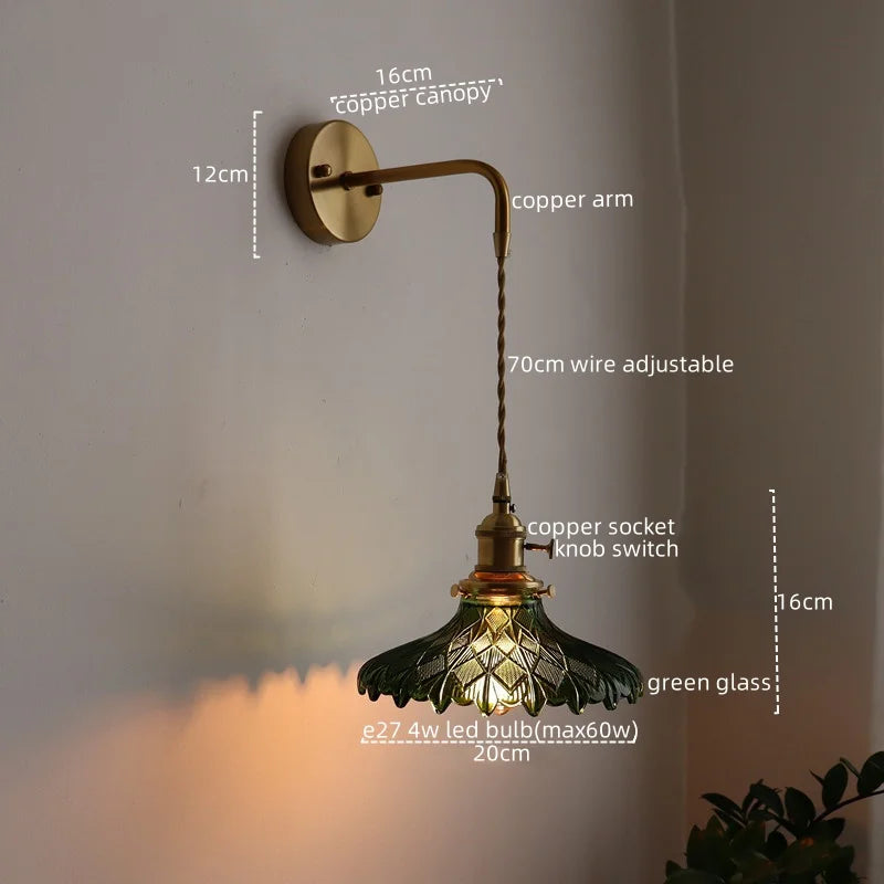 Vintage Green Glass & Copper Wall Lamp with Pull Chain – LED Sconce for Bedroom, Hallway, or Balcony Valentine Vintage