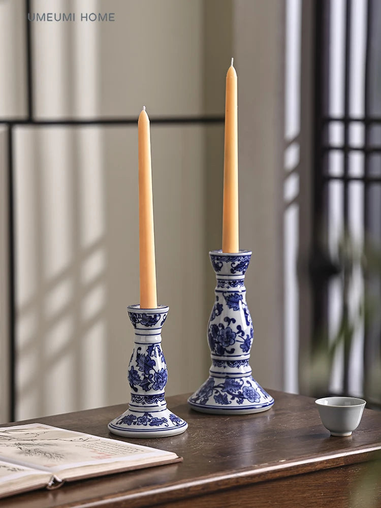 Blue & White Porcelain House Candle Holder – Ceramic Chinese-Inspired Home Decor Valentine Vintage