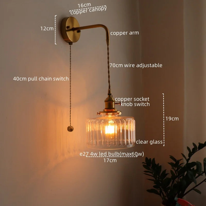 Vintage Green Glass & Copper Wall Lamp with Pull Chain – LED Sconce for Bedroom, Hallway, or Balcony Valentine Vintage