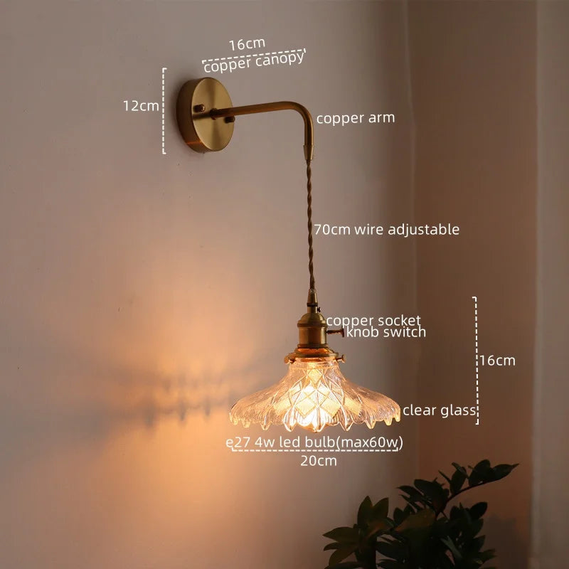 Vintage Green Glass & Copper Wall Lamp with Pull Chain – LED Sconce for Bedroom, Hallway, or Balcony Valentine Vintage