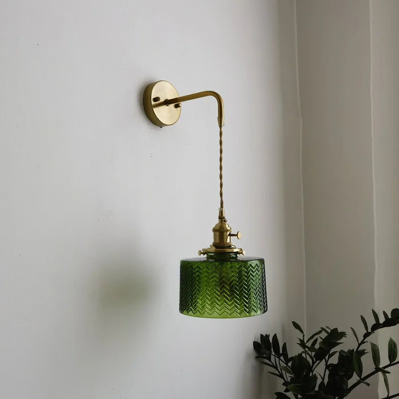 Vintage Green Glass & Copper Wall Lamp with Pull Chain – LED Sconce for Bedroom, Hallway, or Balcony Valentine Vintage