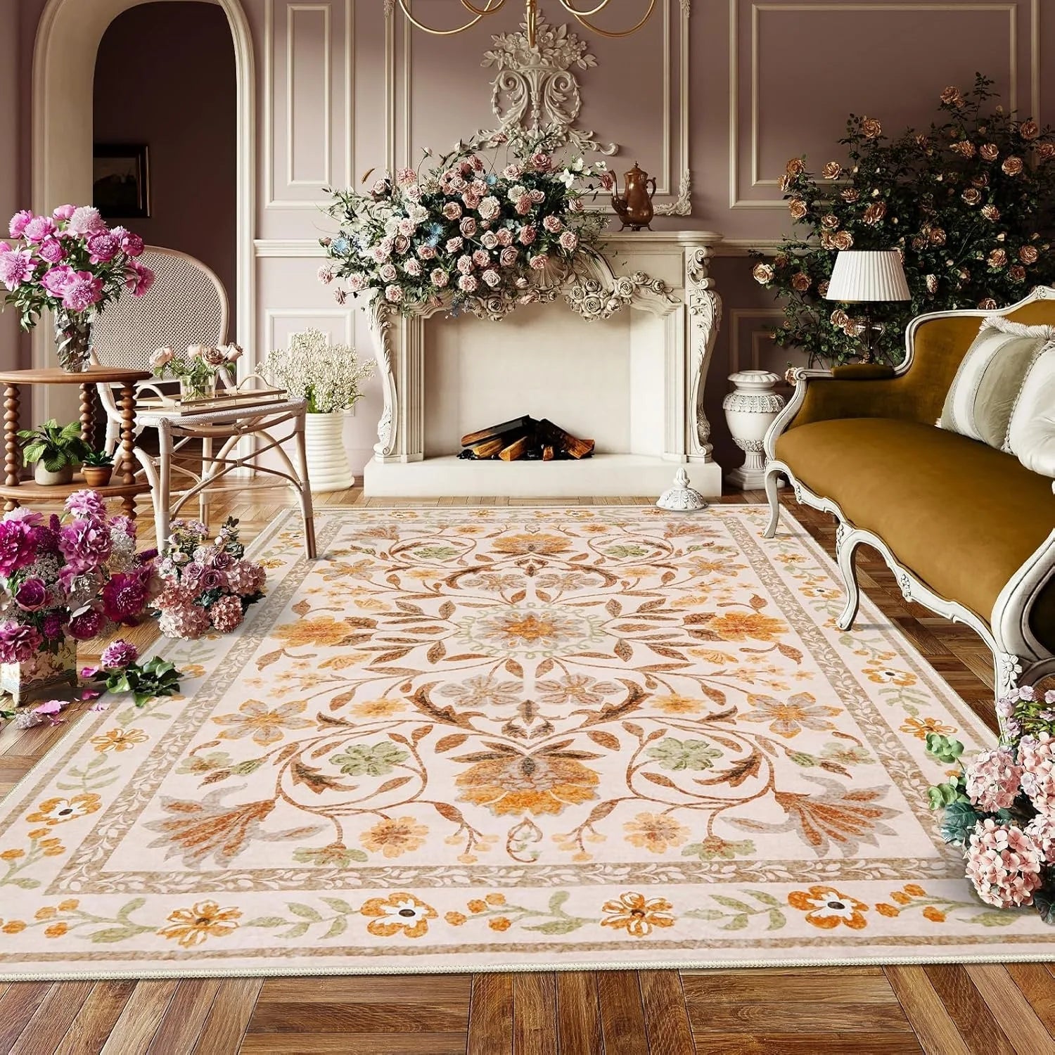 Living Room Carpet Girls Bedroom Bedside Floor Mat Machine Washable Easy Folding Rug Large Area Floral Style Decorative Carpets Valentine Vintage