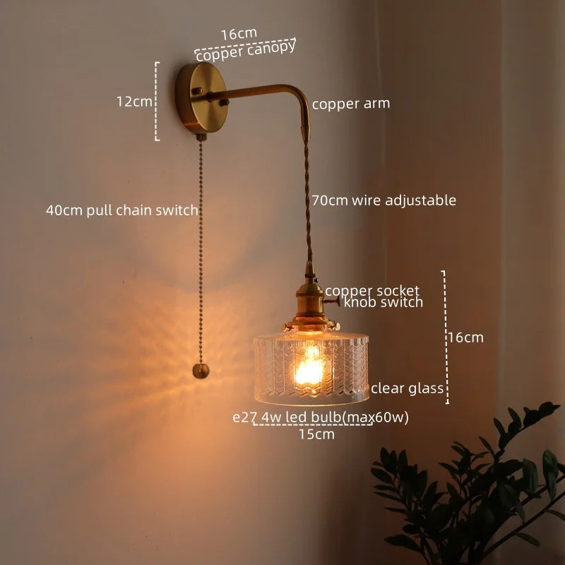 Vintage Green Glass & Copper Wall Lamp with Pull Chain – LED Sconce for Bedroom, Hallway, or Balcony Valentine Vintage