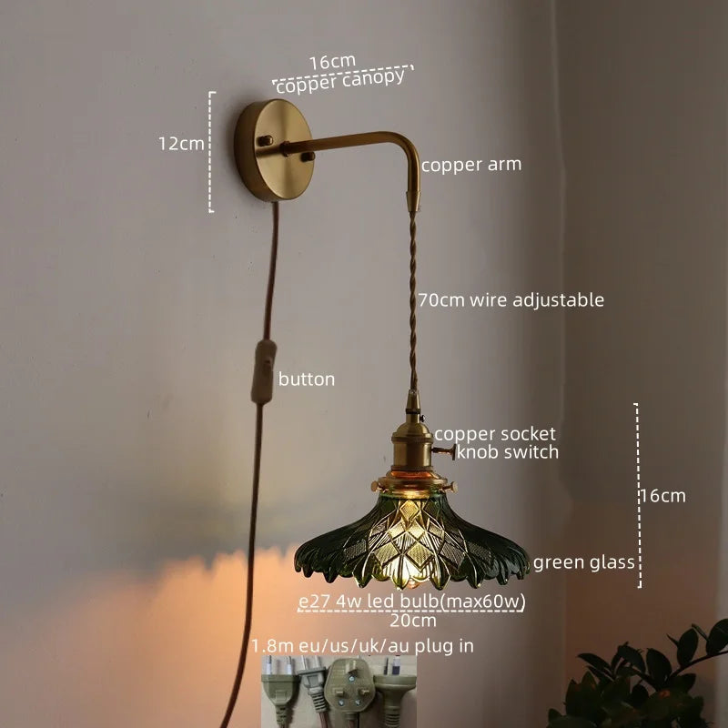 Vintage Green Glass & Copper Wall Lamp with Pull Chain – LED Sconce for Bedroom, Hallway, or Balcony Valentine Vintage