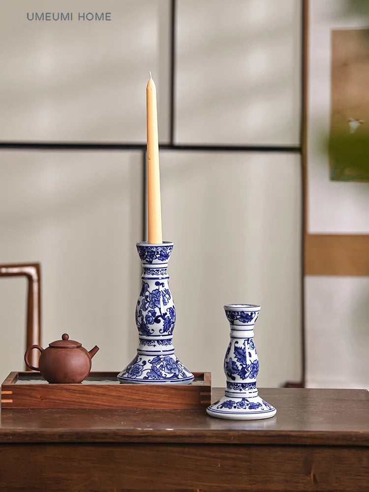 Blue & White Porcelain House Candle Holder – Ceramic Chinese-Inspired Home Decor Valentine Vintage